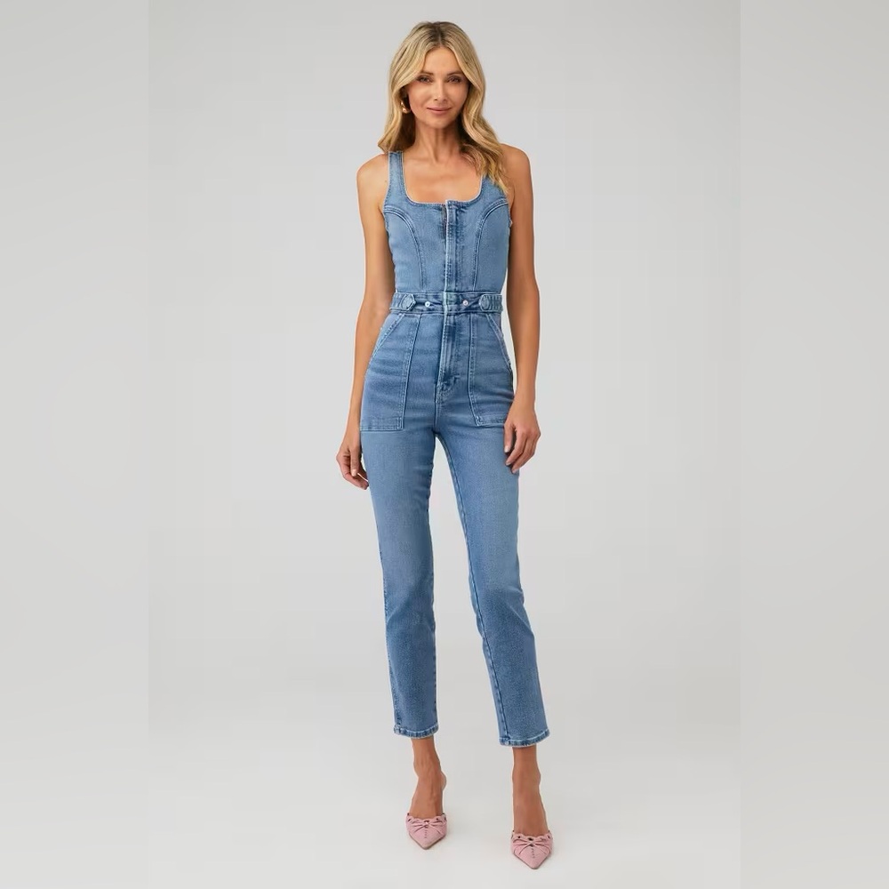 Good American Light Wash Denim Square-Neck Jumpsuit